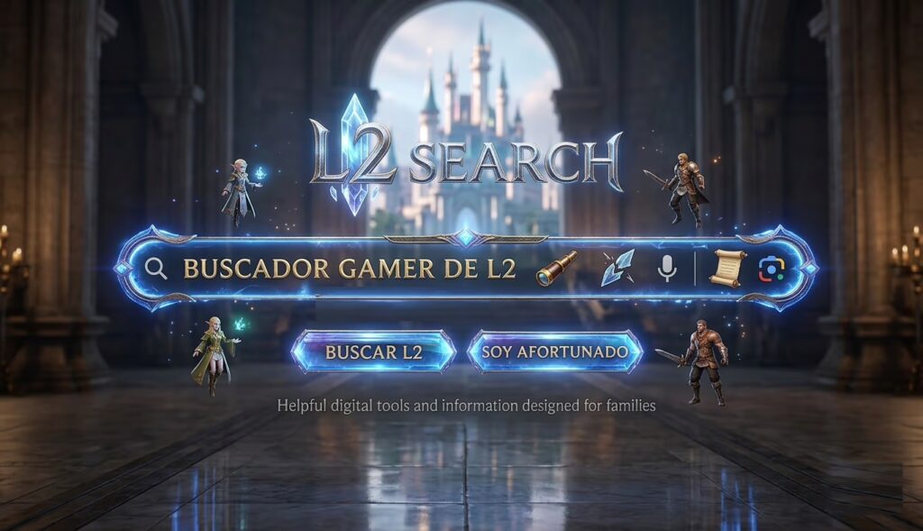 Interfaz de un buscador gamer inspirado en la estética de Lineage 2 con el texto BUSCADOR GAMER DE L2 en la barra central y botones medievales iluminados en azul.