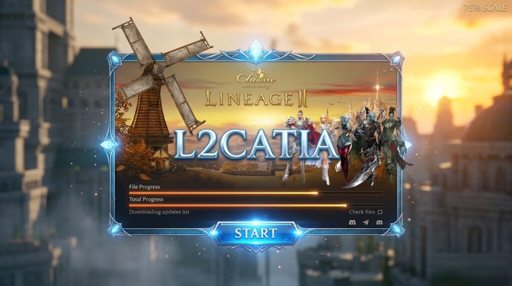 Interfaz del launcher oficial de L2 Catia mostrando barras de progreso de actualización, el botón START iluminado en azul y arte conceptual de Lineage 2 High Five al fondo.